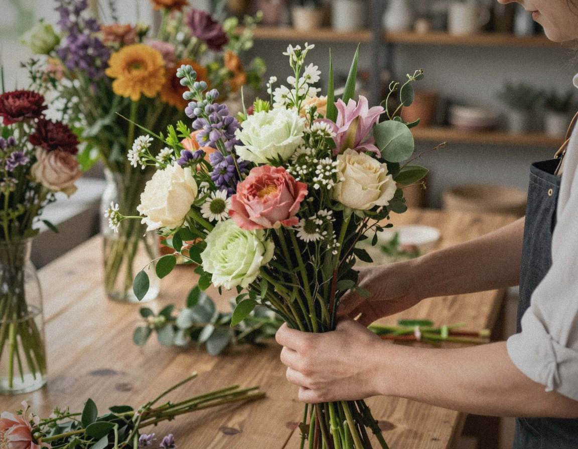 Composition florale artisanale en atelier, Ginflor